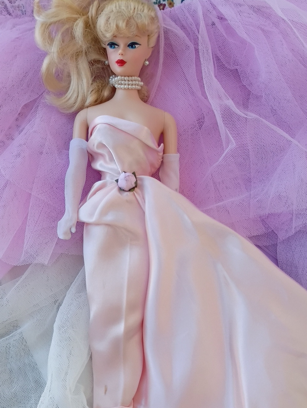 Barbie Light Pink Satin Gown with Pearl Choker